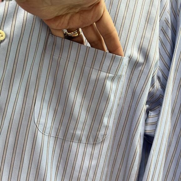 Peter Millar Nanoluxe Button Down Shirt Men 17.5 Long Blue Striped Easycare - Picture 3 of 12